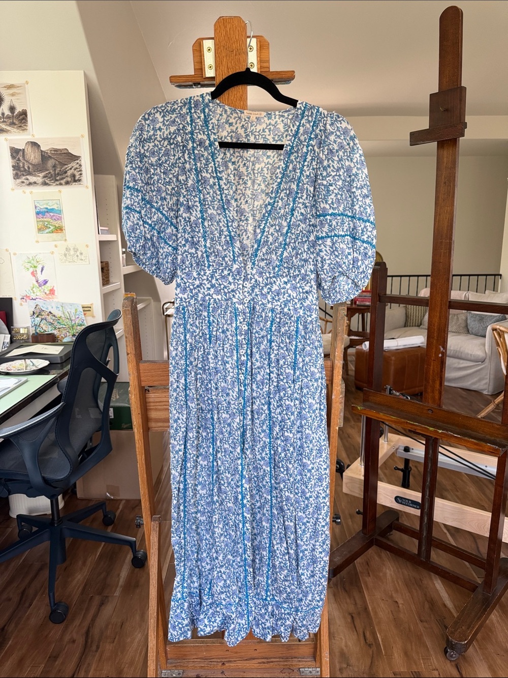 Poupette St. Barth Blue and White Floral V-Neck Maxi Dress